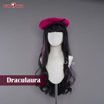 Uwowo Cosplay Wig Draculaura Spiderweb Cape Beret Gothic Dress Wig Long Curly Hair