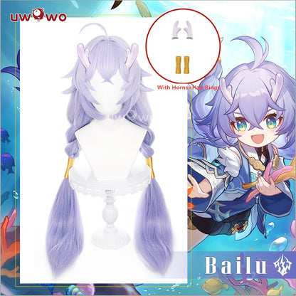 Uwowo Honkai Star Rail Cosplay Wig Bailu Dragon Wig Long Blue Hair (With Horns And Hair Rings)