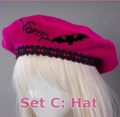 【In Stock】Uwowo Monster High Draculaura Vampire Spiderweb Cape Beret Gothic Dress Halloween Cosplay Costume - Uwowo Cosplay