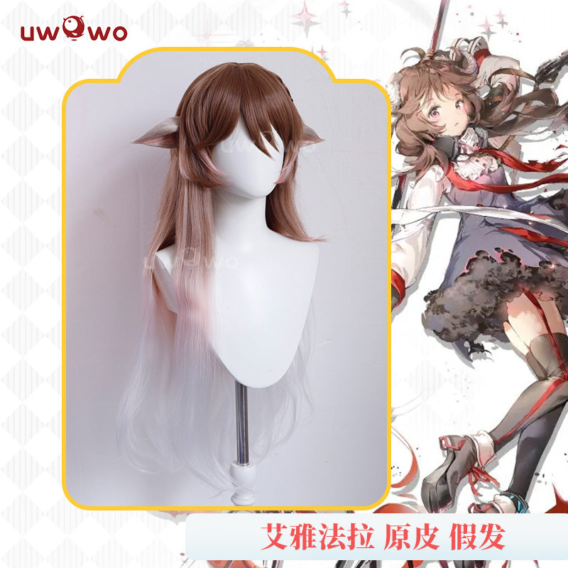 【Pre-sale】UWOWO Game Arknights Eyjafjalla Cosplay Wig 80cm Brown Silver Gray Gradient Wavy Hair Cosplay Wig