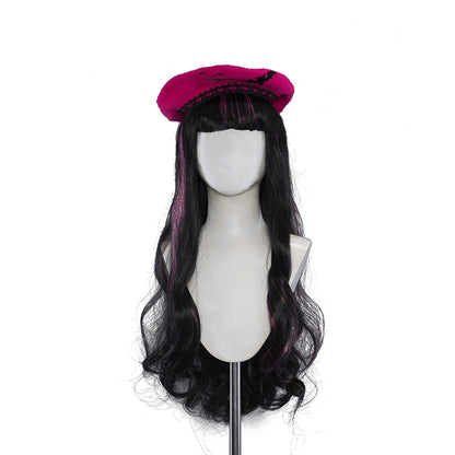 Uwowo Cosplay Wig Draculaura Spiderweb Cape Beret Gothic Dress Wig Long Curly Hair
