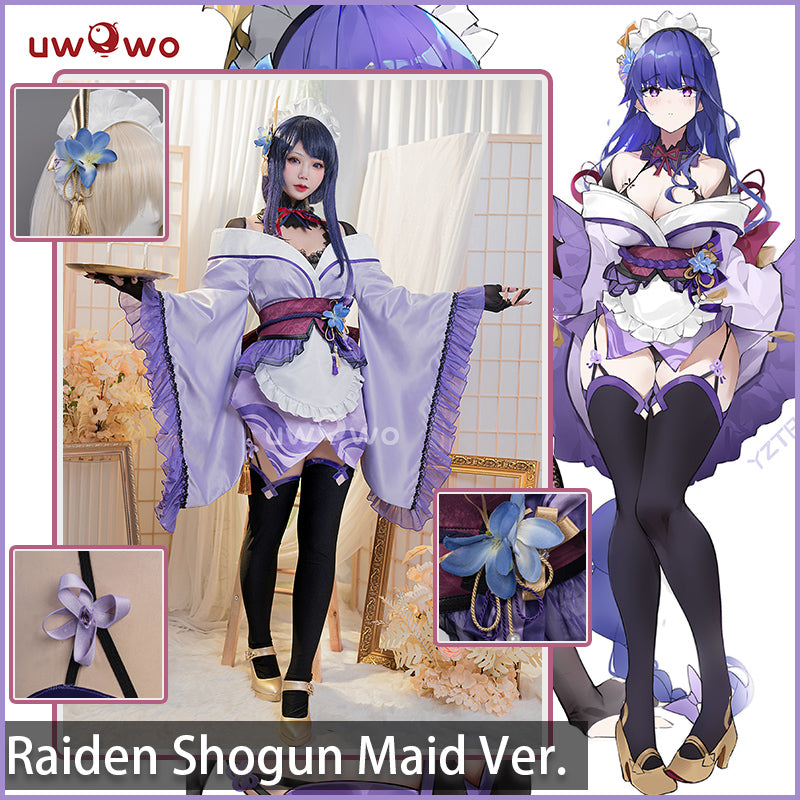 Uwowo Genshin Impact Fanart: Raiden Shogun Ei/Baal Kimono Maid Sexy Ver. 2-in-1 Maid&Lingerie Cosplay Costume - Uwowo Cosplay