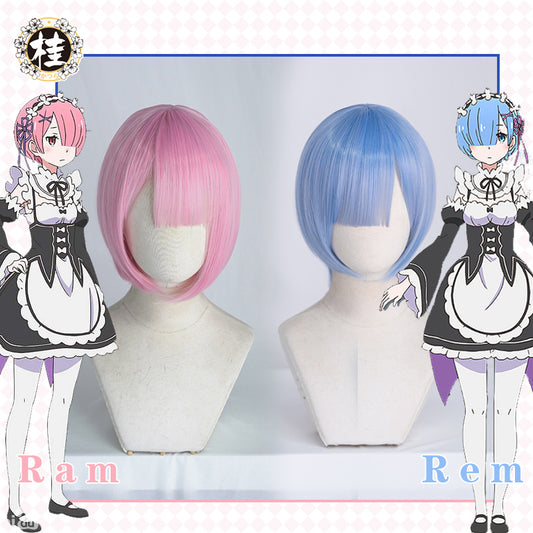 UWOWO Re:Life in a different world from zero Rem Ram Cosplay wig 30cm pink/blue - Uwowo Cosplay